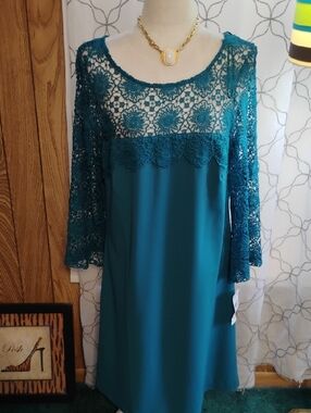 Studio One Teal Lace Yoke Long Sleeve Dress